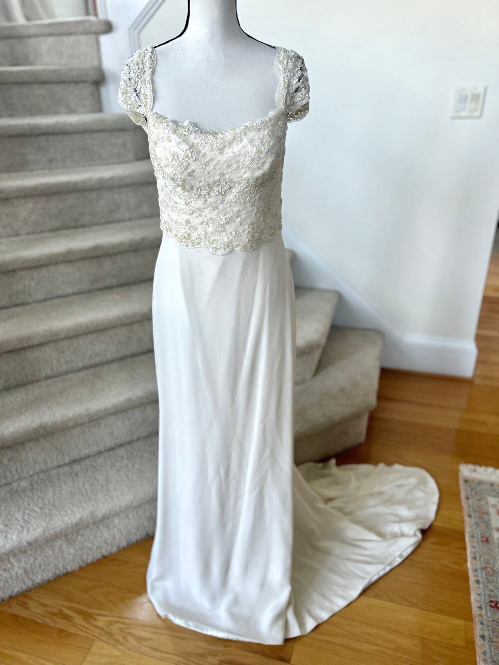 Amy Kuschel White & Cream Beaded Cap Sleeve Satin Sheath Train Wedding Dress